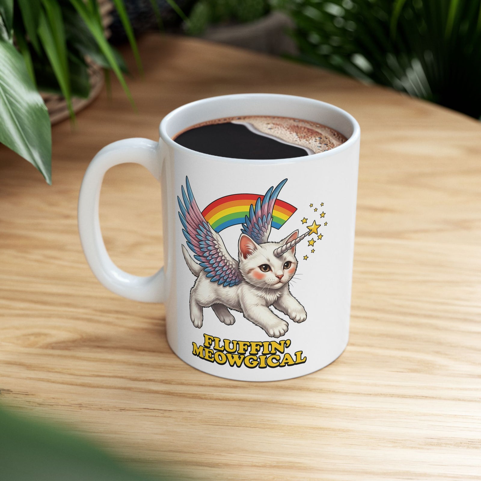 Fluffin' Meowgical Cat Ceramic Mug — Cute Unicorn Kitten Graphic