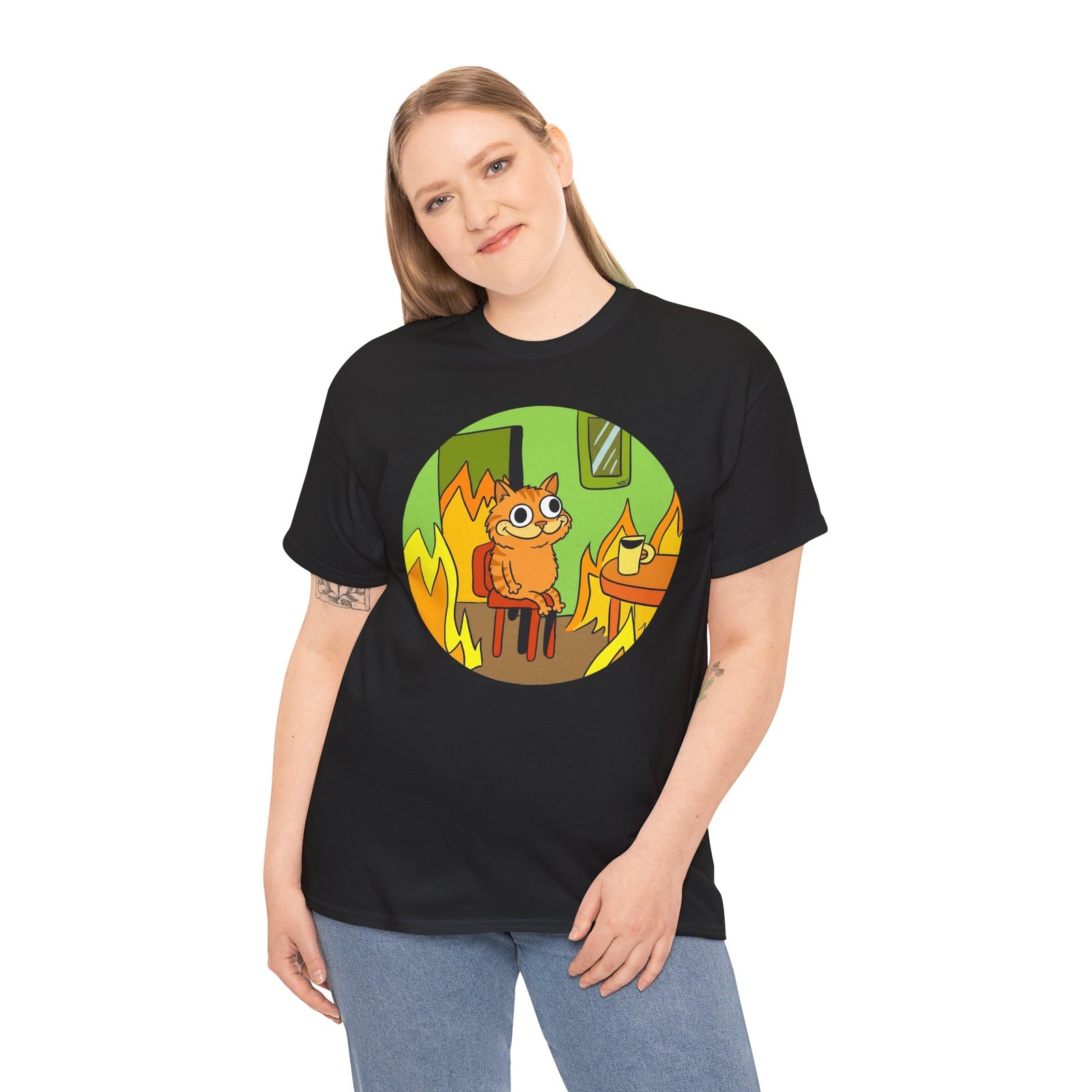 This Is Fine Orange Cat T-Shirt — Funny Meme Parody Feline Graphic Tee