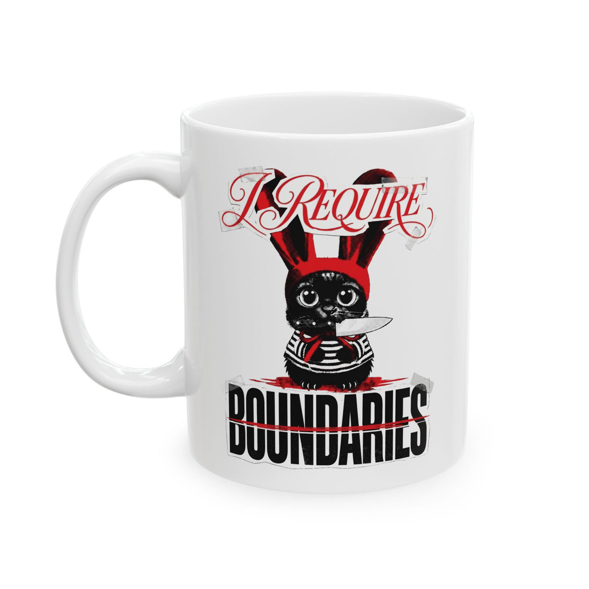I Require Boundaries Ceramic Mug — Funny Creepy Cute Cat Knife Mug