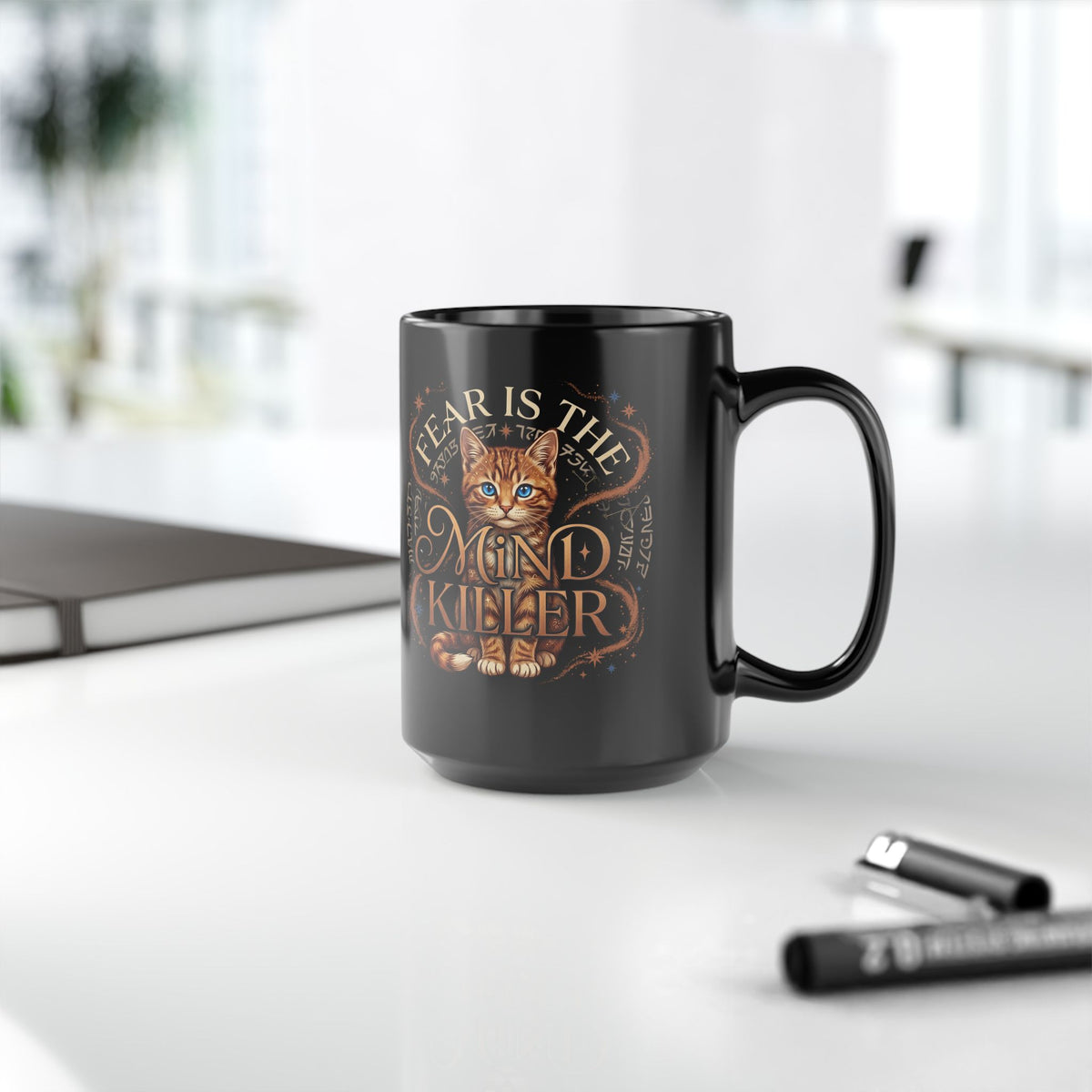 Cute Cat "Fear Is the Mind Killer" Black Mug
