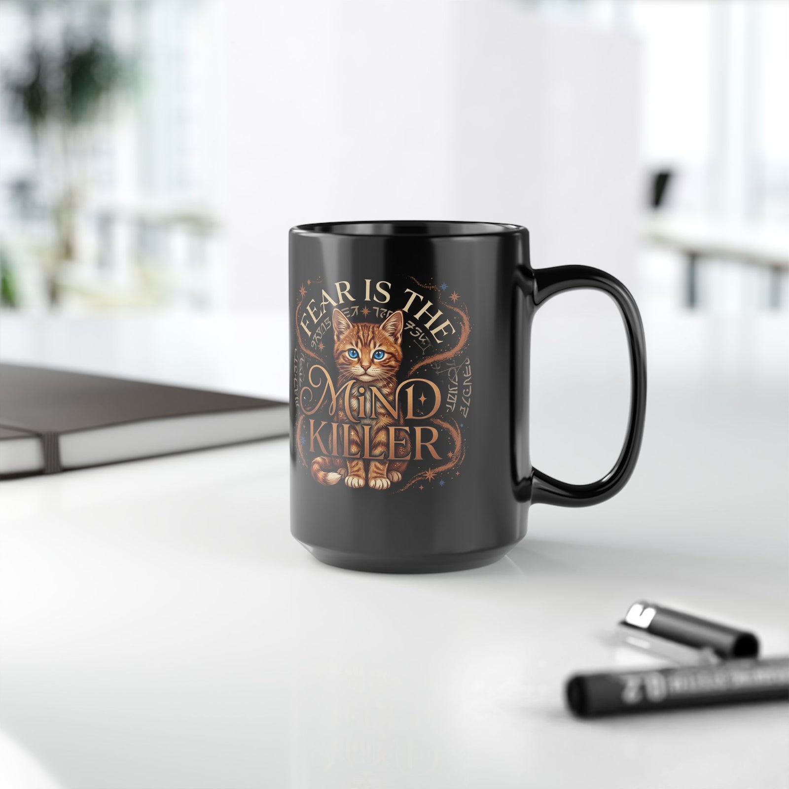 Cute Cat "Fear Is the Mind Killer" Black Mug