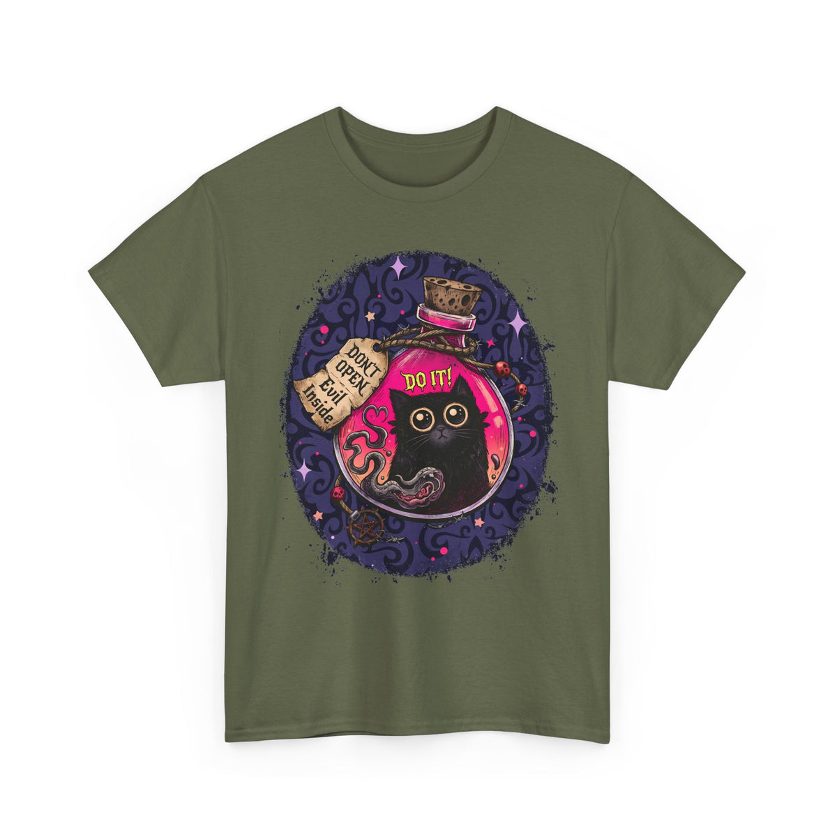 Don't Open Evil Inside Potion Cat T-Shirt — Creepy Cute Black Cat Tee