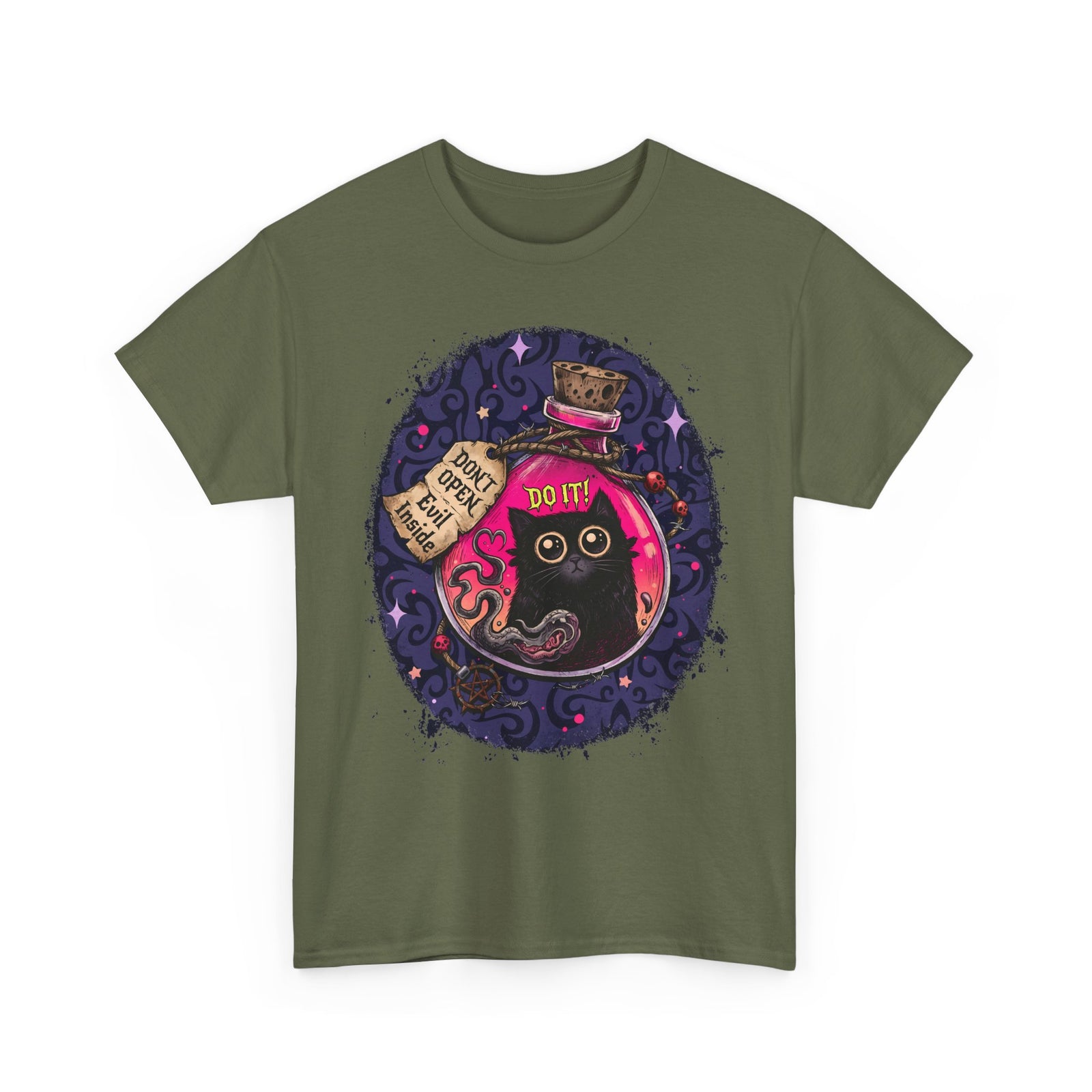 Don't Open Evil Inside Potion Cat T-Shirt — Creepy Cute Black Cat Tee