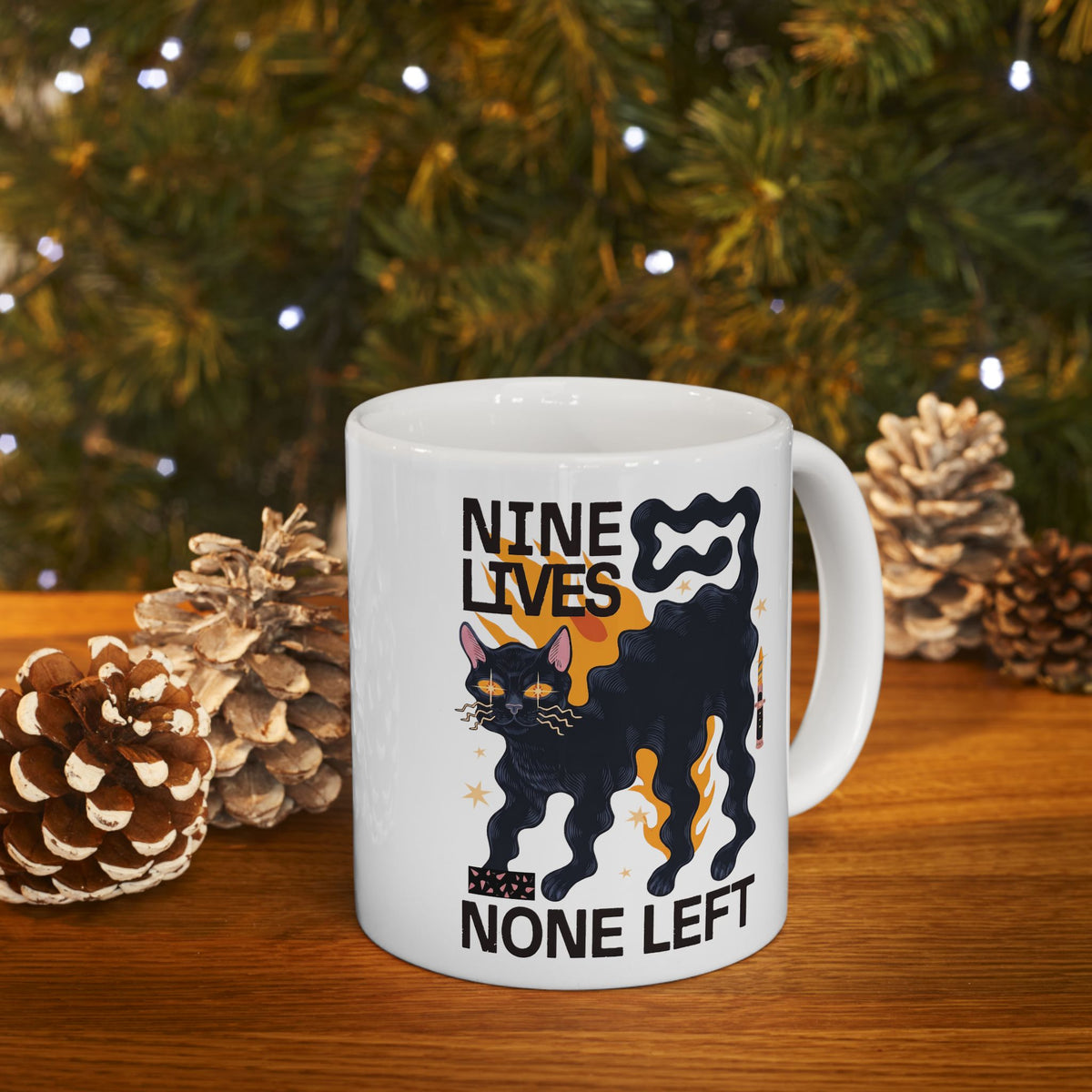 Nine Lives None Left Ceramic Mug — Edgy Spooky Black Cat Graphic Mug