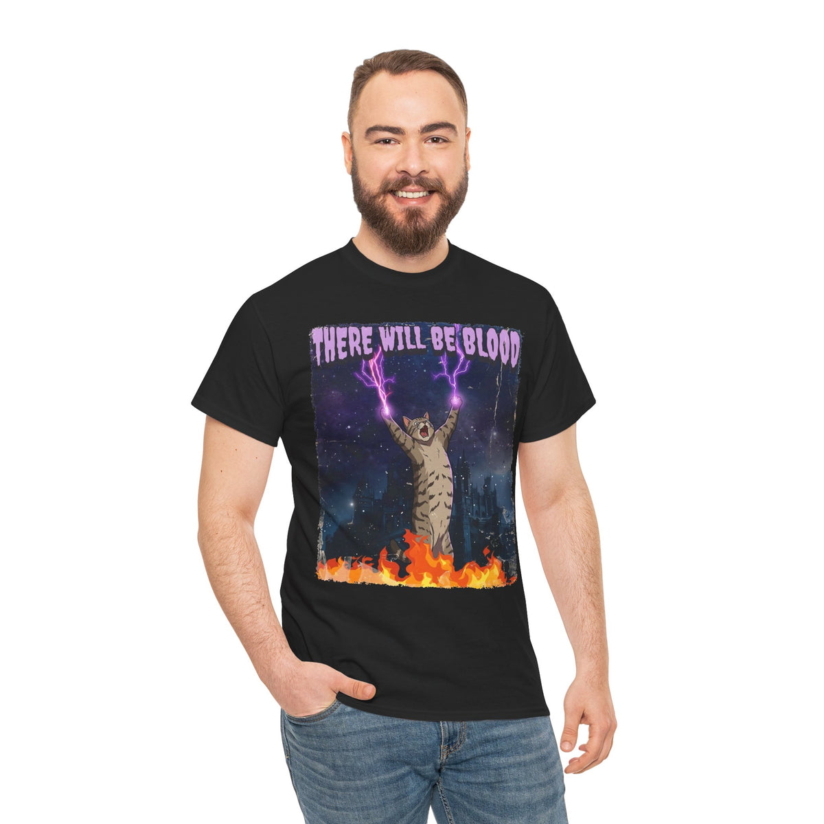 There Will Be Blood Cat T‑Shirt – Gothic Fire Magic Graphic Tee