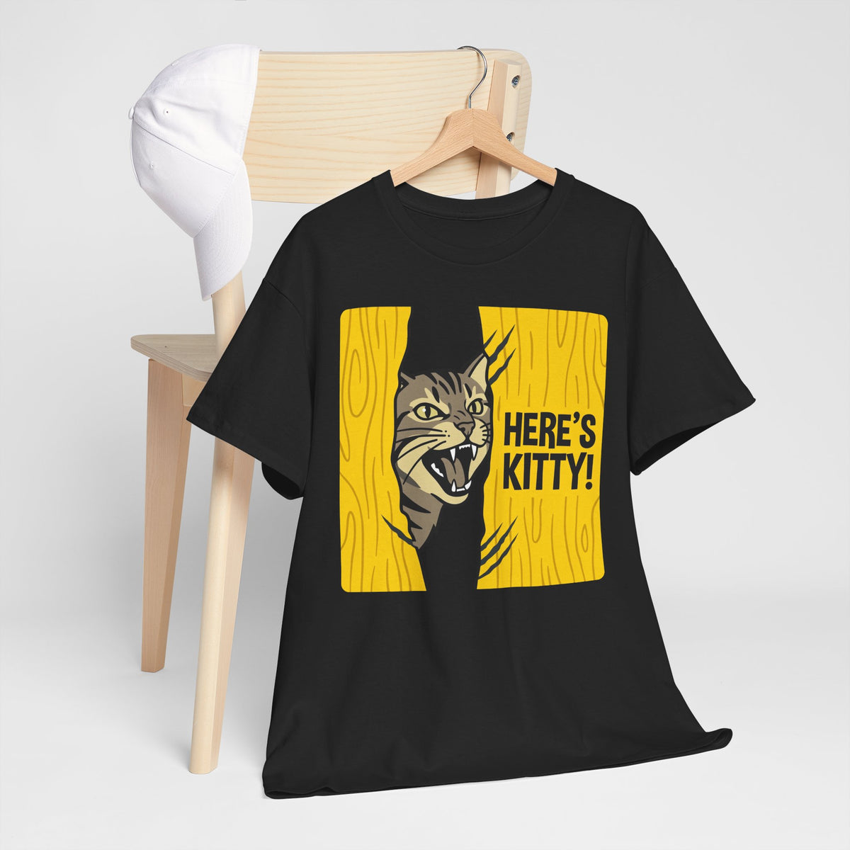 Funny Cat Parody T-Shirt — "Here's Kitty" Graphic Tee