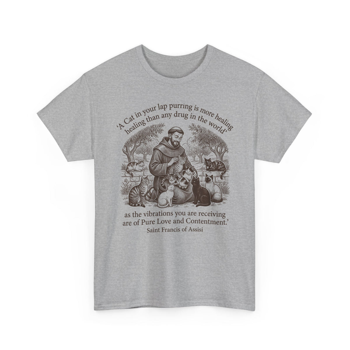 Saint Francis Vintage Graphic Tee — "A Cat in Your Lap Purring" Spiritual Animal Lover Shirt