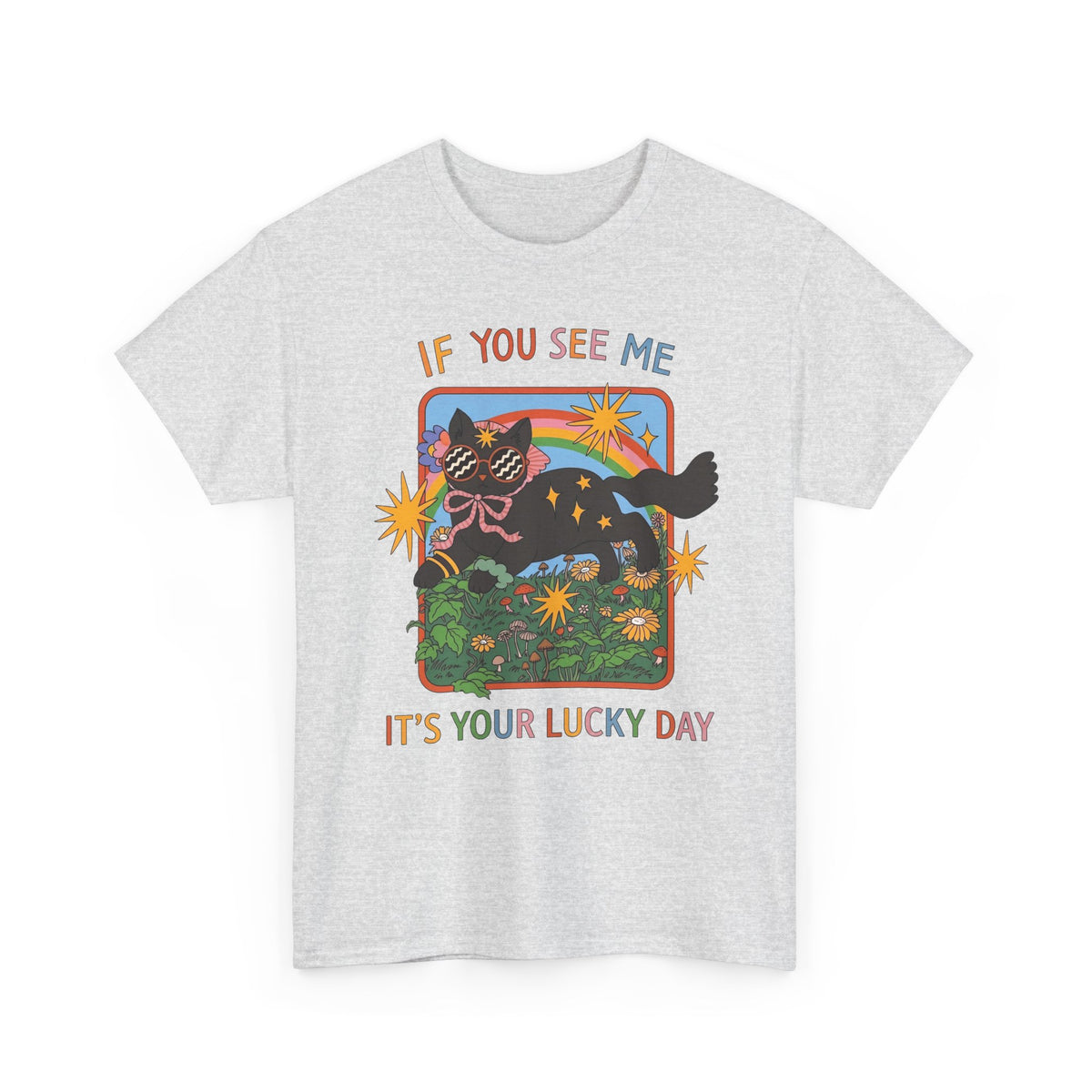 If You See Me It's Your Lucky Day T-Shirt — Retro Groovy Black Cat Rainbow Graphic Tee