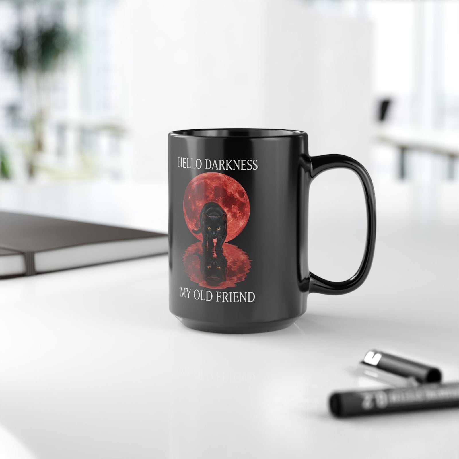 Hello Darkness My Old Friend Black Cat Black Mug