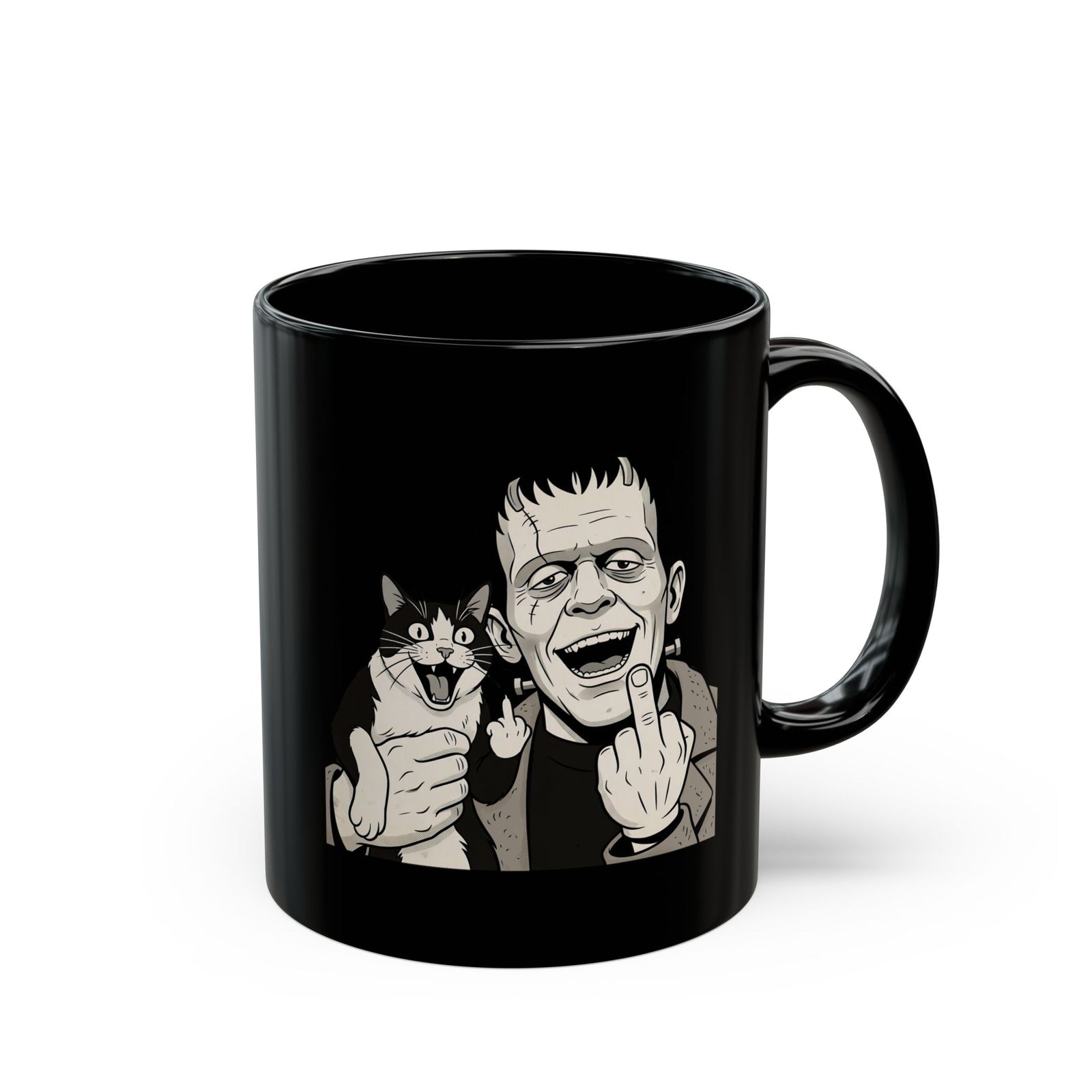 Frankenstein Cat T‑Mug — Cute Spooky Cat & Frankenstein Design
