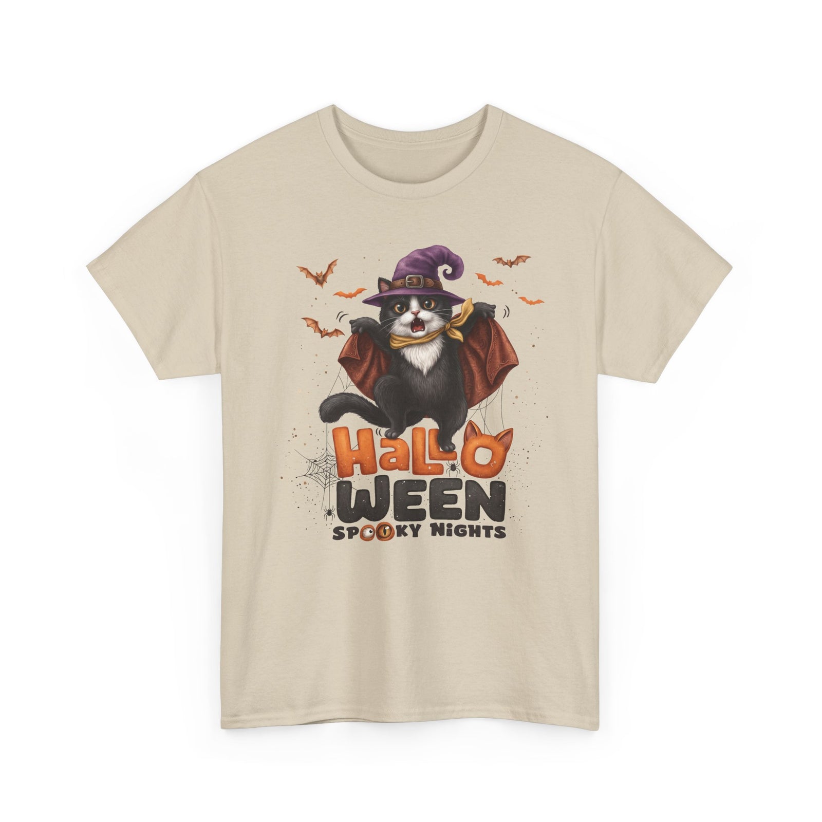 Halloween Spooky Nights Tuxedo Cat T-Shirt — Cute Flying Witch Cat Tee