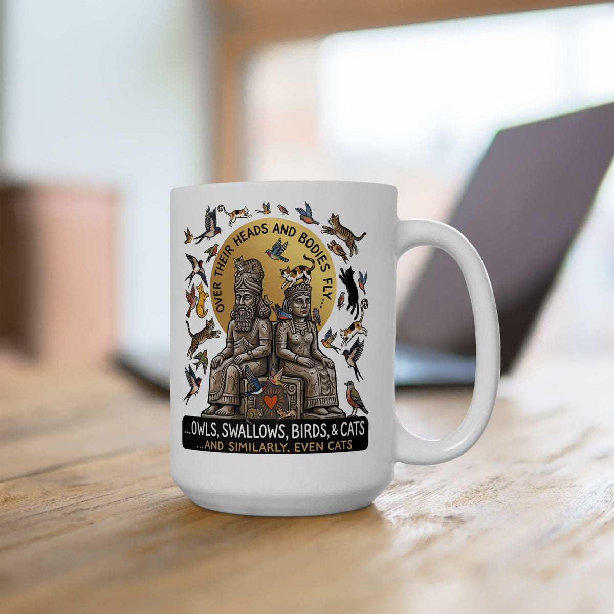 Birds & Cats Graphic Ceramic Mug — "Over Their Heads and Bodies Fly"