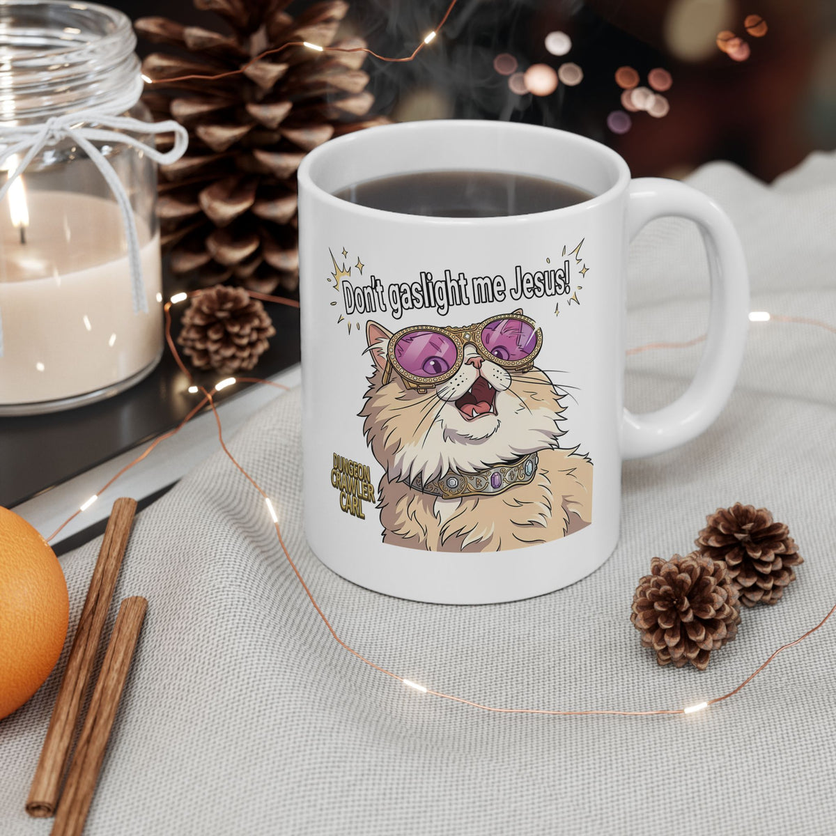 Don't Gaslight Me Jesus — Funny Cat Dungeon Crawler Mug