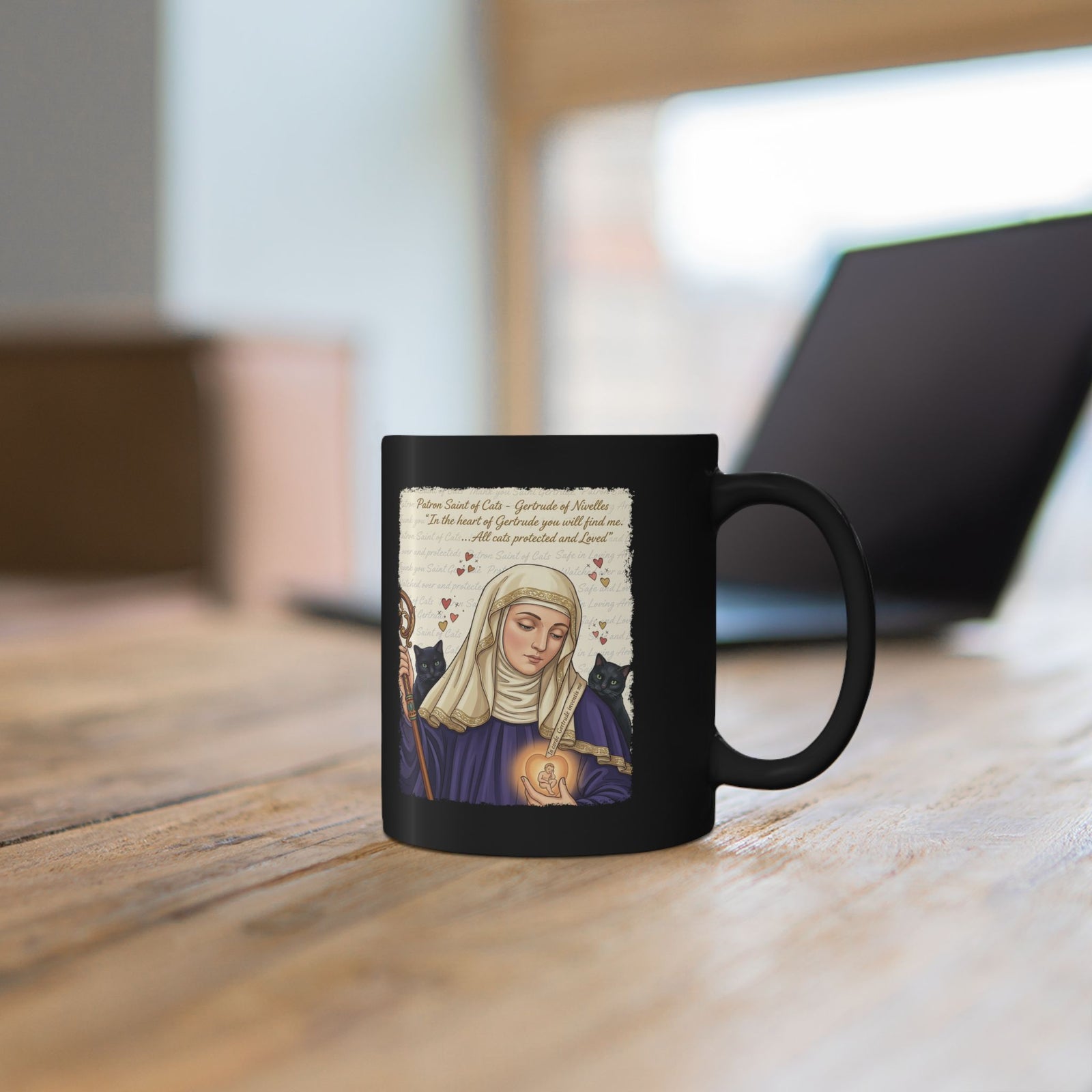 Gertrude of Nivelles "All Cats Protected and Loved" Black Mug