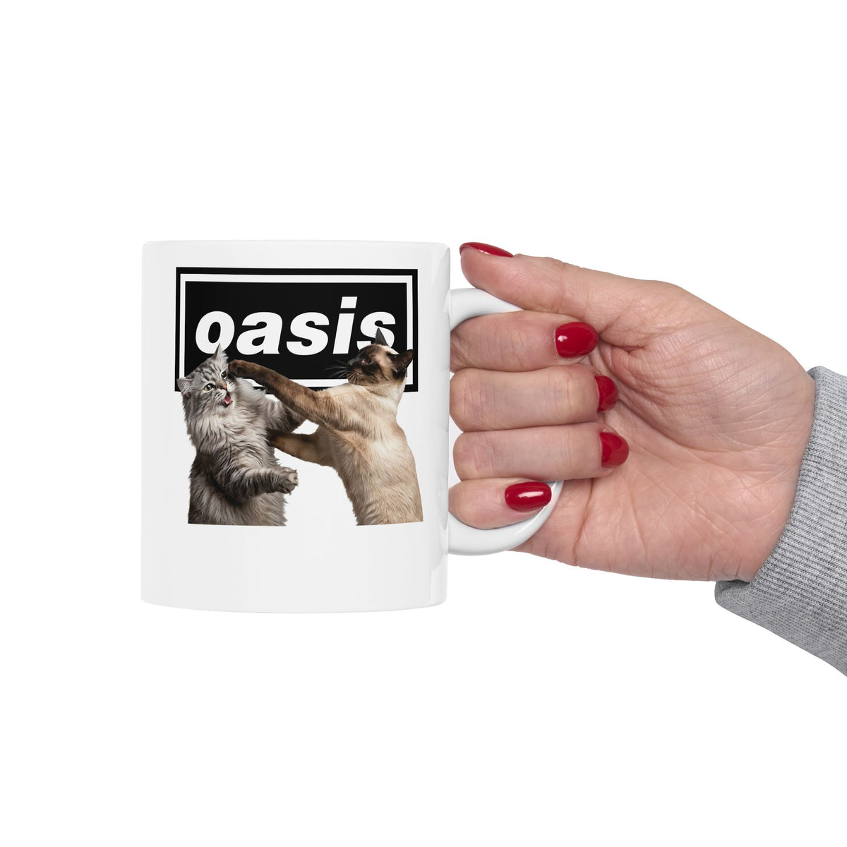 Oasis Cat Fight Ceramic Mug — Desert Cat Battle Graphic Mug