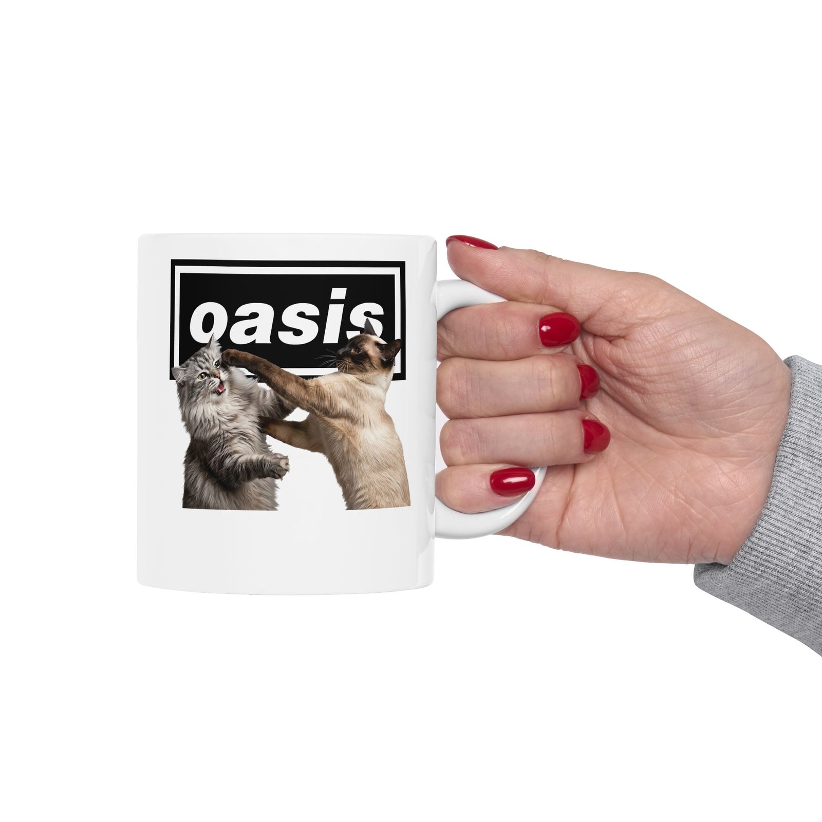 Oasis Cat Fight Ceramic Mug — Desert Cat Battle Graphic Mug