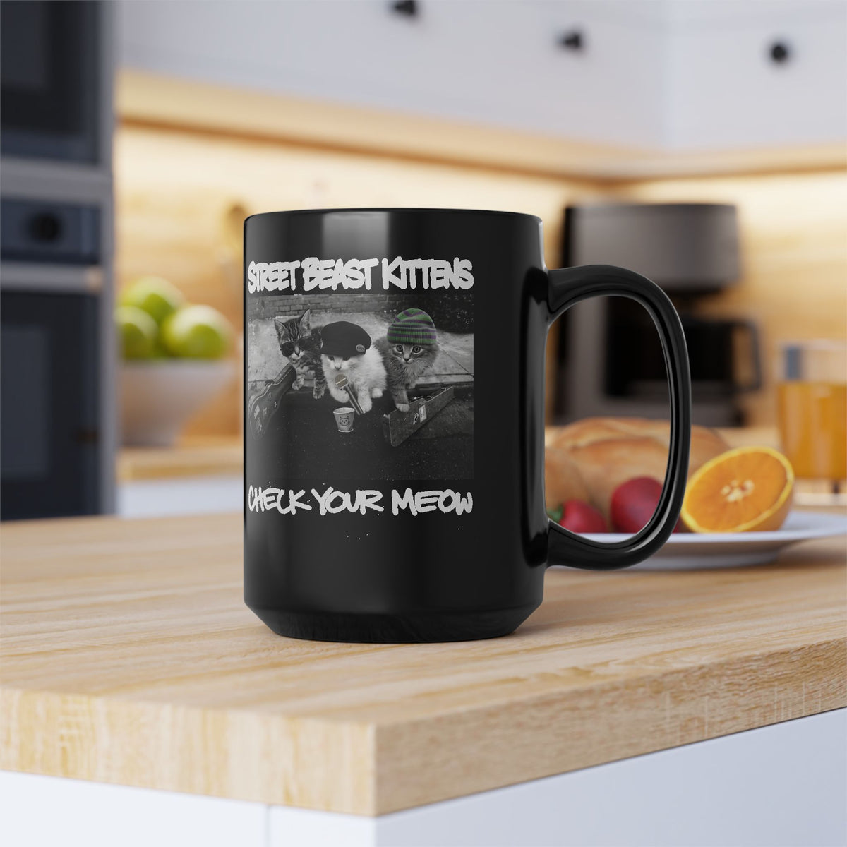 Street Beast Kittens "Check Your Meow" Black Mug