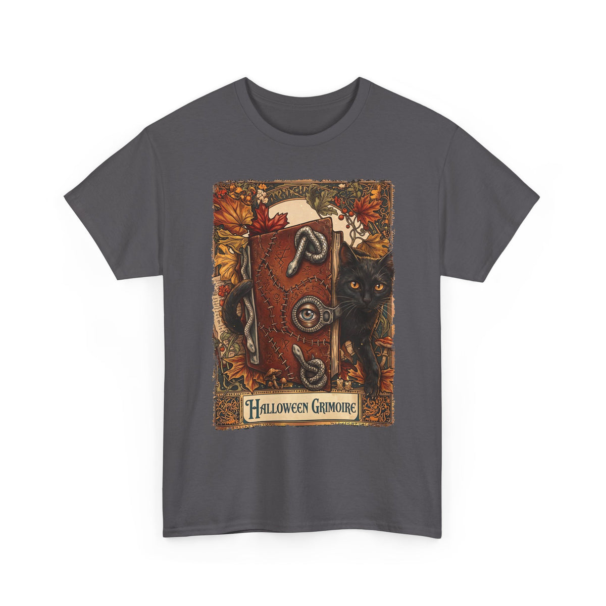 Halloween Grimoire Spellbook Black Cat T-Shirt — Witchy Autumn Magic Tee