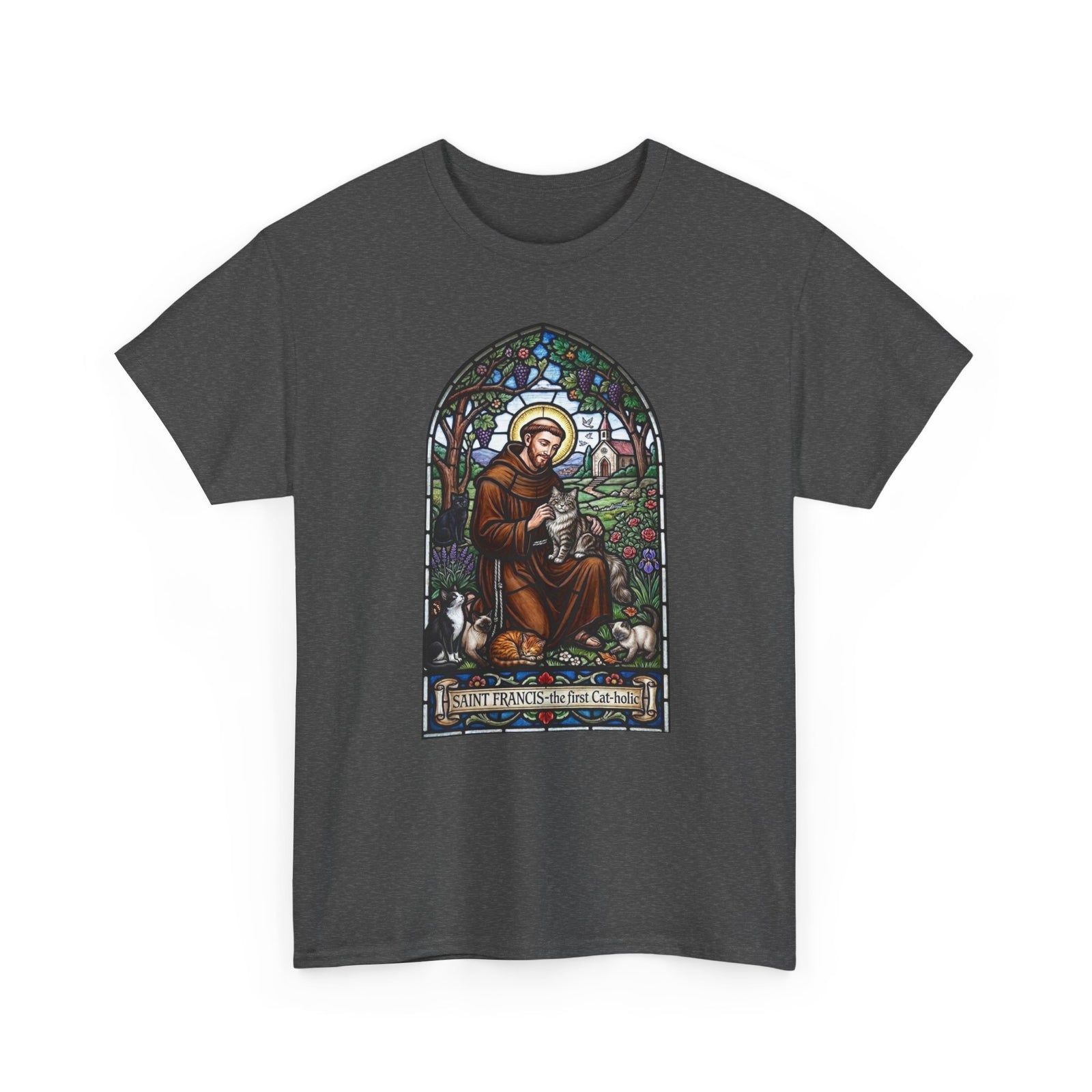 Saint Francis Cat T-Shirt — "SAINT FRANCIS — the first Cat-holic"