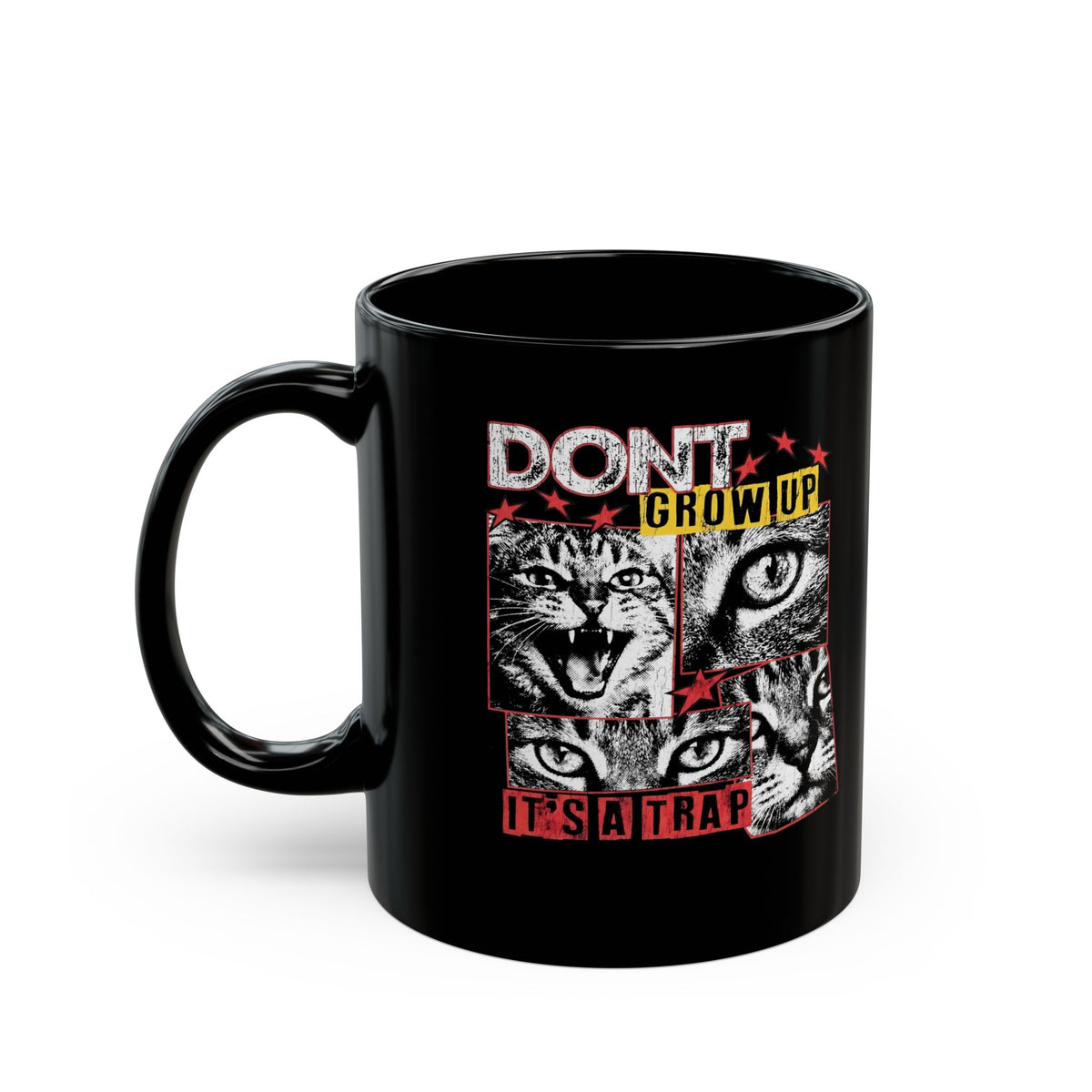 Don't Grow Up It's A Trap Black Mug — Funny Grunge Black and White Cat Mug