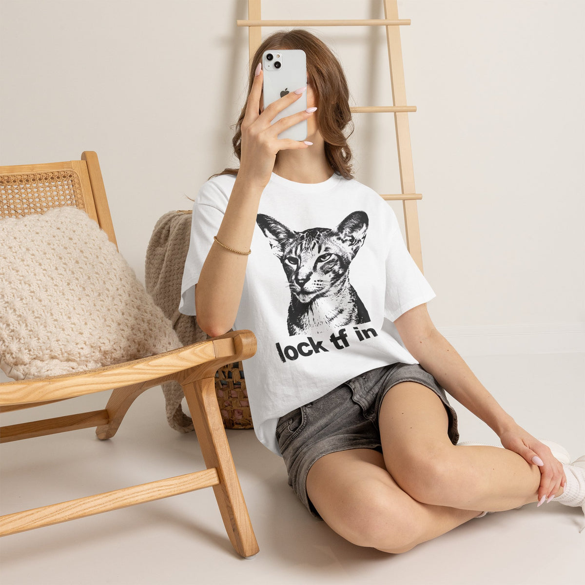 Cat Graphic Tee — "lock tf in" Retro Sphynx Illustration