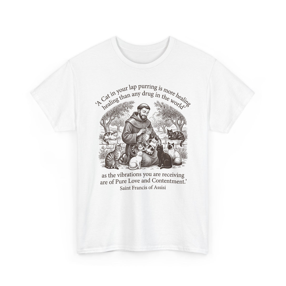 Saint Francis Vintage Graphic Tee — "A Cat in Your Lap Purring" Spiritual Animal Lover Shirt