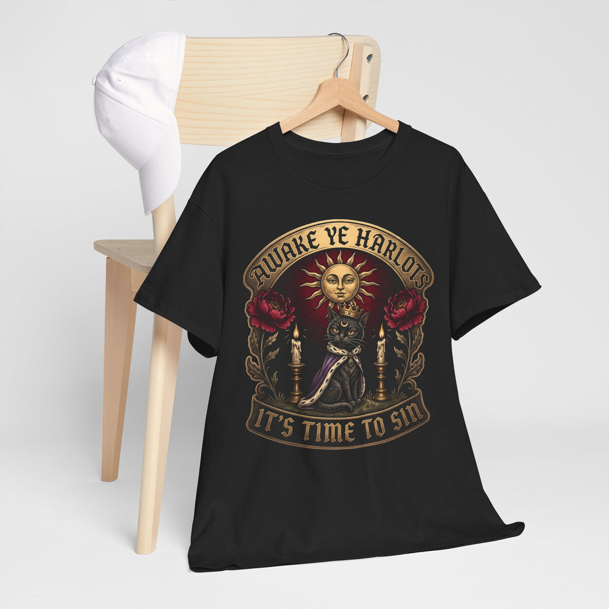 Awake Ye Harlots It's Time To Sin T-Shirt — Mystical Crowned Black Cat Tee