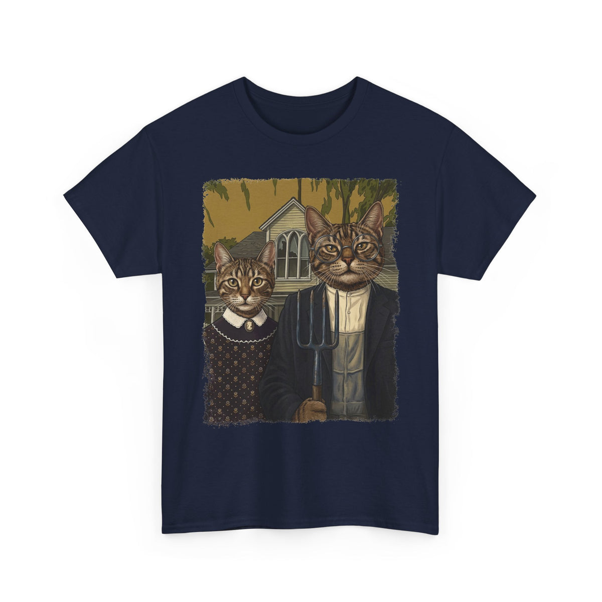 Gothic Cat Couple Tee — Parody ‘American Gothic’ Cat Portrait T-Shirt
