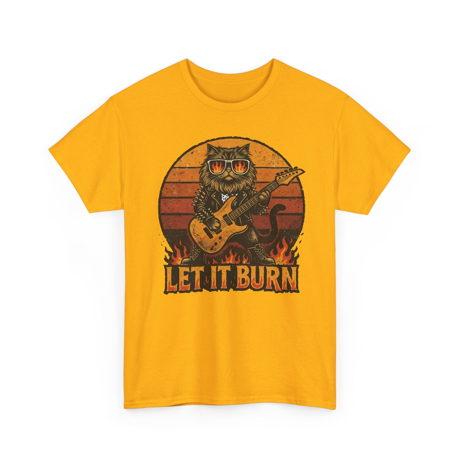 Let It Burn Rocker Cat T-Shirt — Heavy Metal Guitar Feline Graphic