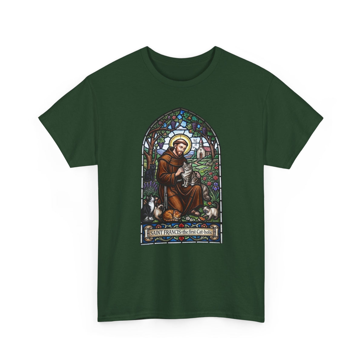 Saint Francis Cat T-Shirt — "SAINT FRANCIS — the first Cat-holic"