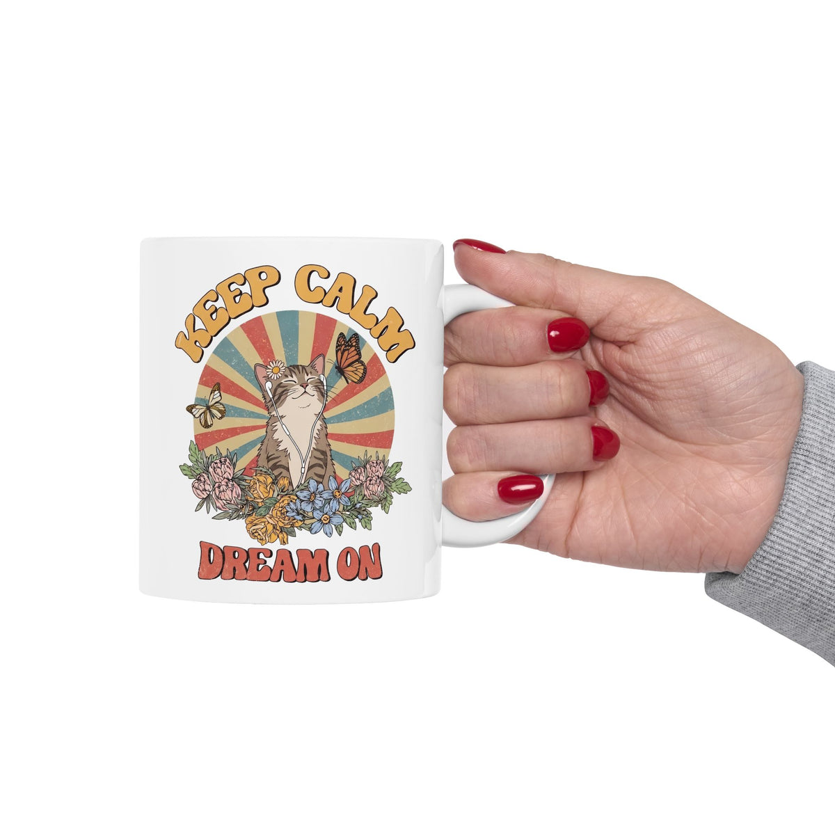 Keep Calm Dream On Cat Ceramic Mug — Retro 70s Hippie Feline Graphic