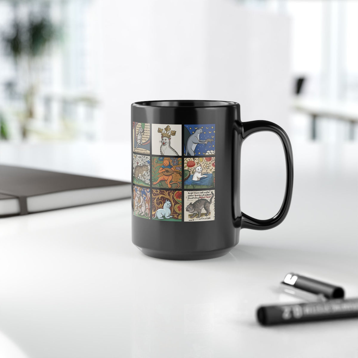 Medieval Cats Black Mug — Vintage Heraldic Cat Design