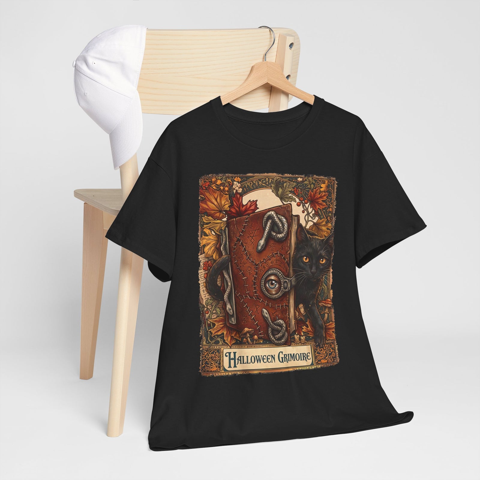 Halloween Grimoire Spellbook Black Cat T-Shirt — Witchy Autumn Magic Tee