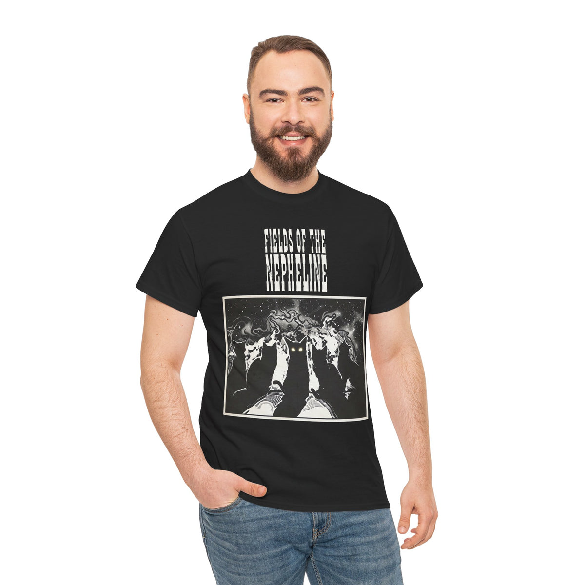 Black Cat Nepheline Graphic Tee — Gothic Band-Style Black T-Shirt