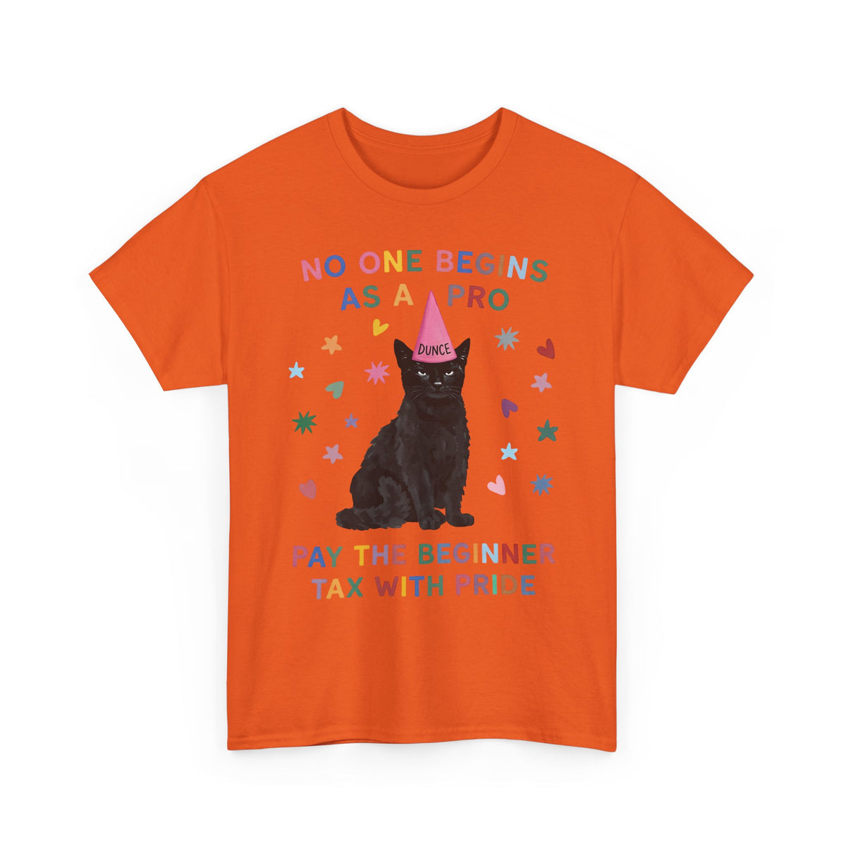 No One Begins As A Pro T-Shirt — Funny Black Cat Dunce Hat Beginner Tax Tee