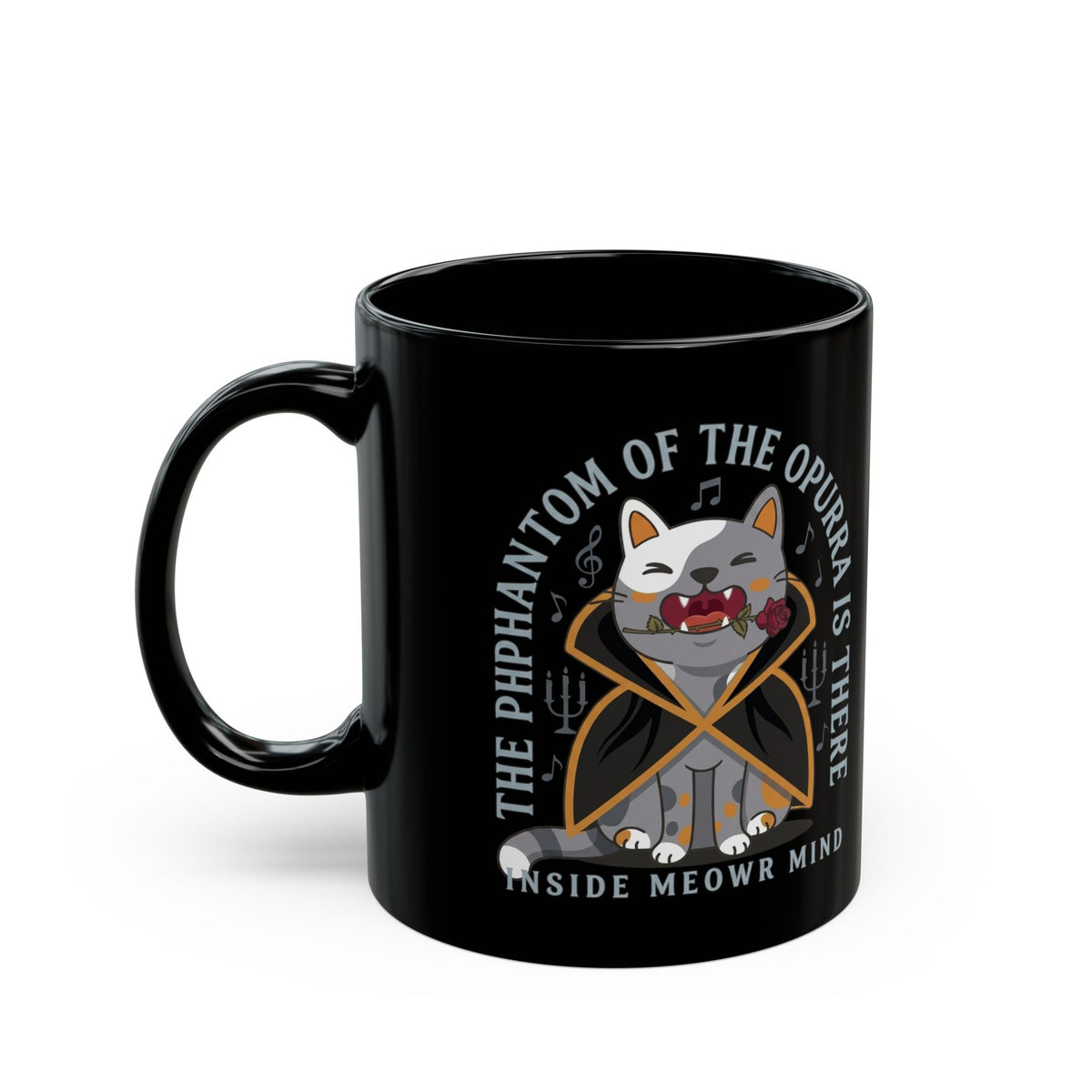 Phantom of the Opurra Black Mug — Cat Musical Parody Mug