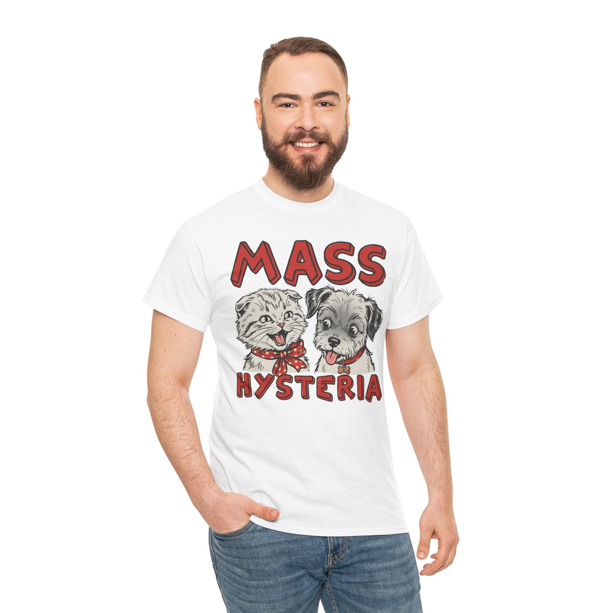Cat & Dog Mass Hysteria Tee Funny Puppy & Kitten Line Art T-Shirt