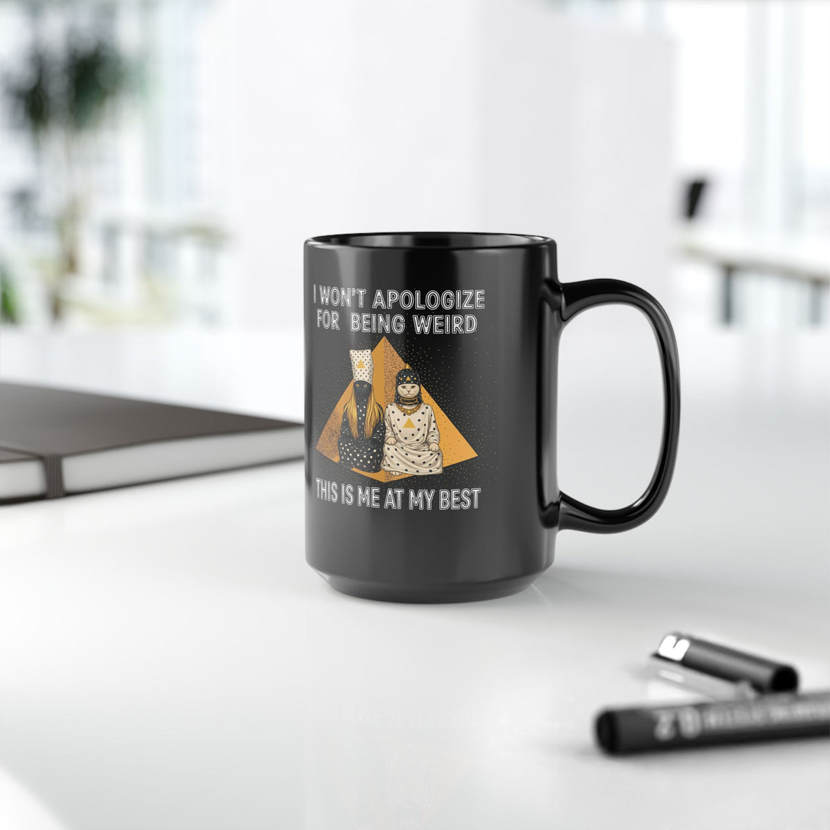 I Won't Apologize For Being Weird Black Mug — Surreal Retro Cult Cats Graphic
