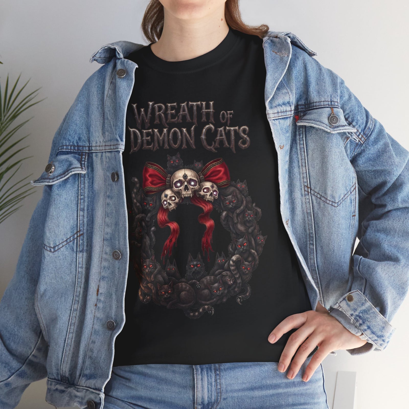 Wreath Of Demon Cats T-Shirt — Gothic Black Cat Skull Wreath Tee
