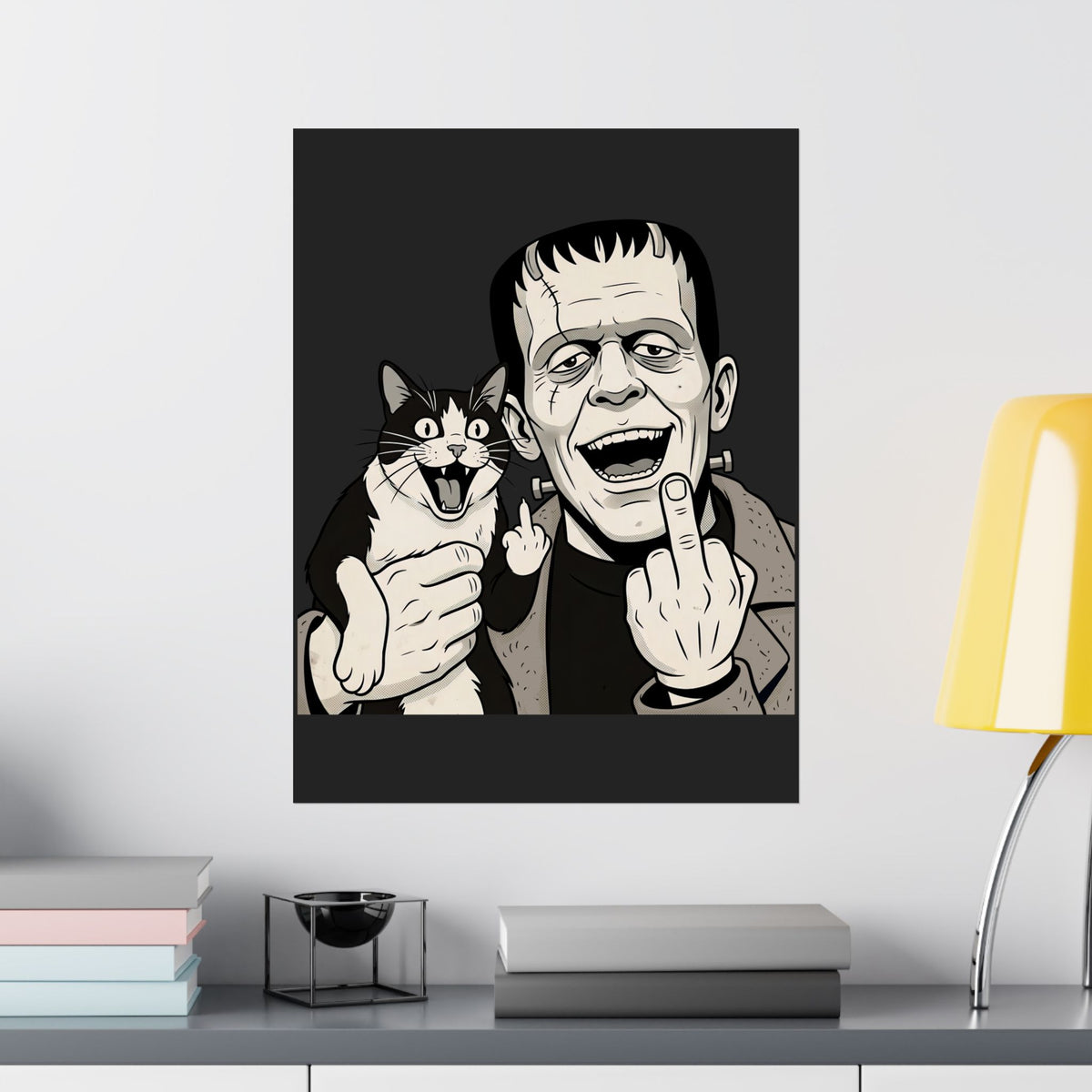 Frankenstein Cat T‑Poster — Cute Spooky Cat & Frankenstein Design