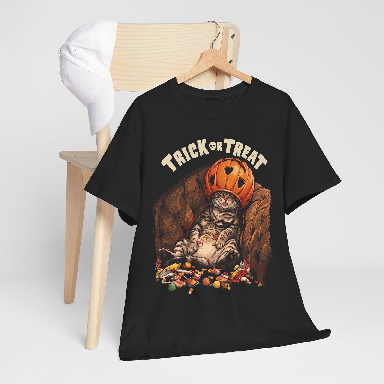 Trick Or Treat Pumpkin Helmet Cat T-Shirt — Funny Halloween Candy Coma Tee