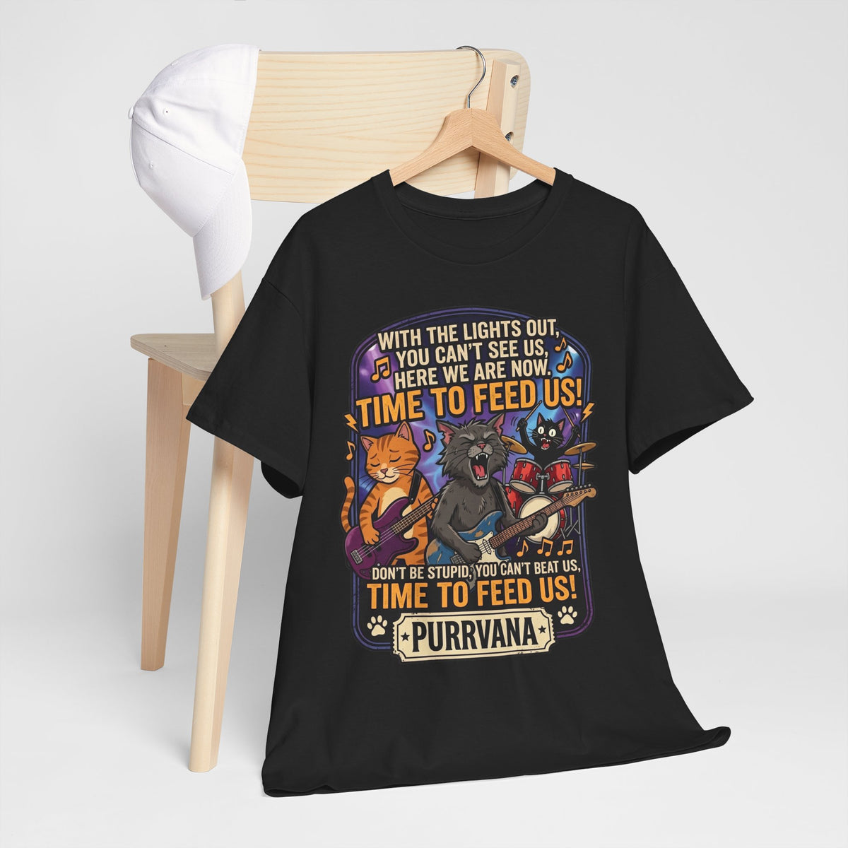 Purrvana Cat Band Graphic Tee — “Time to Feed Us!” Funny Cat Music T-Shirt