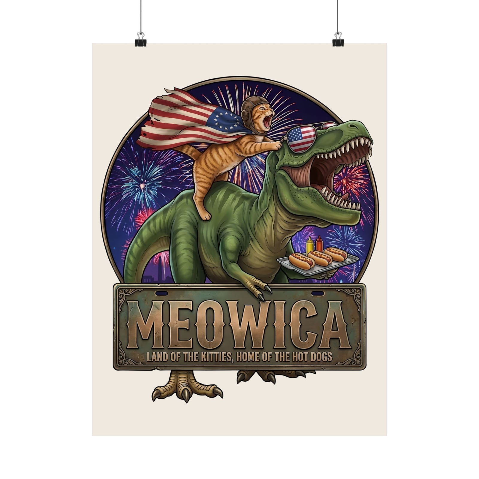 4th of July Cat Riding T‑Rex T‑Poster "Meowica: Land of the Kitties" Patriotic Graphic