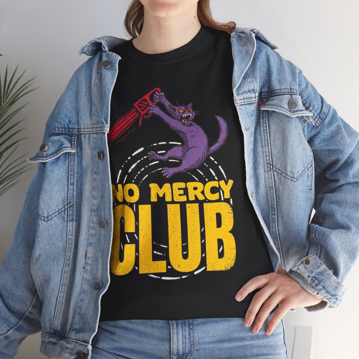 No Mercy Club Chainsaw Cat T-Shirt — Funny Unhinged Horror Cat Tee