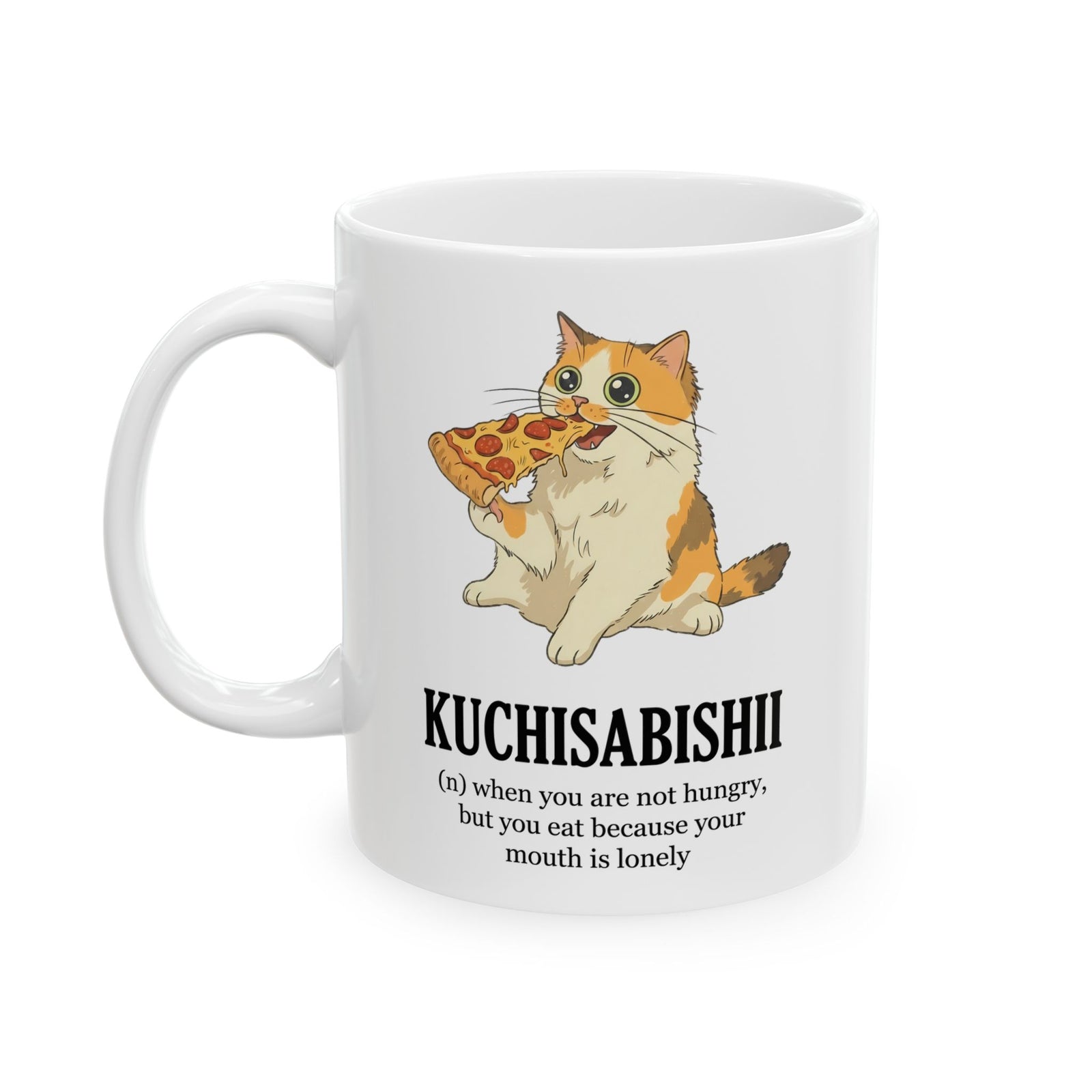 Kuchisabishii Lonely Mouth Ceramic Mug — Funny Cat Eating Pizza Mug