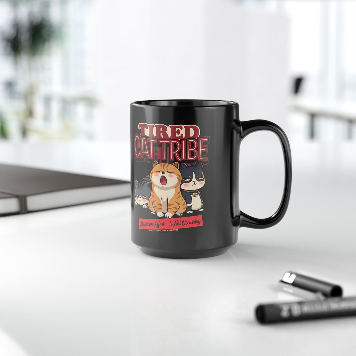 Tired Cat Tribe Black Mug