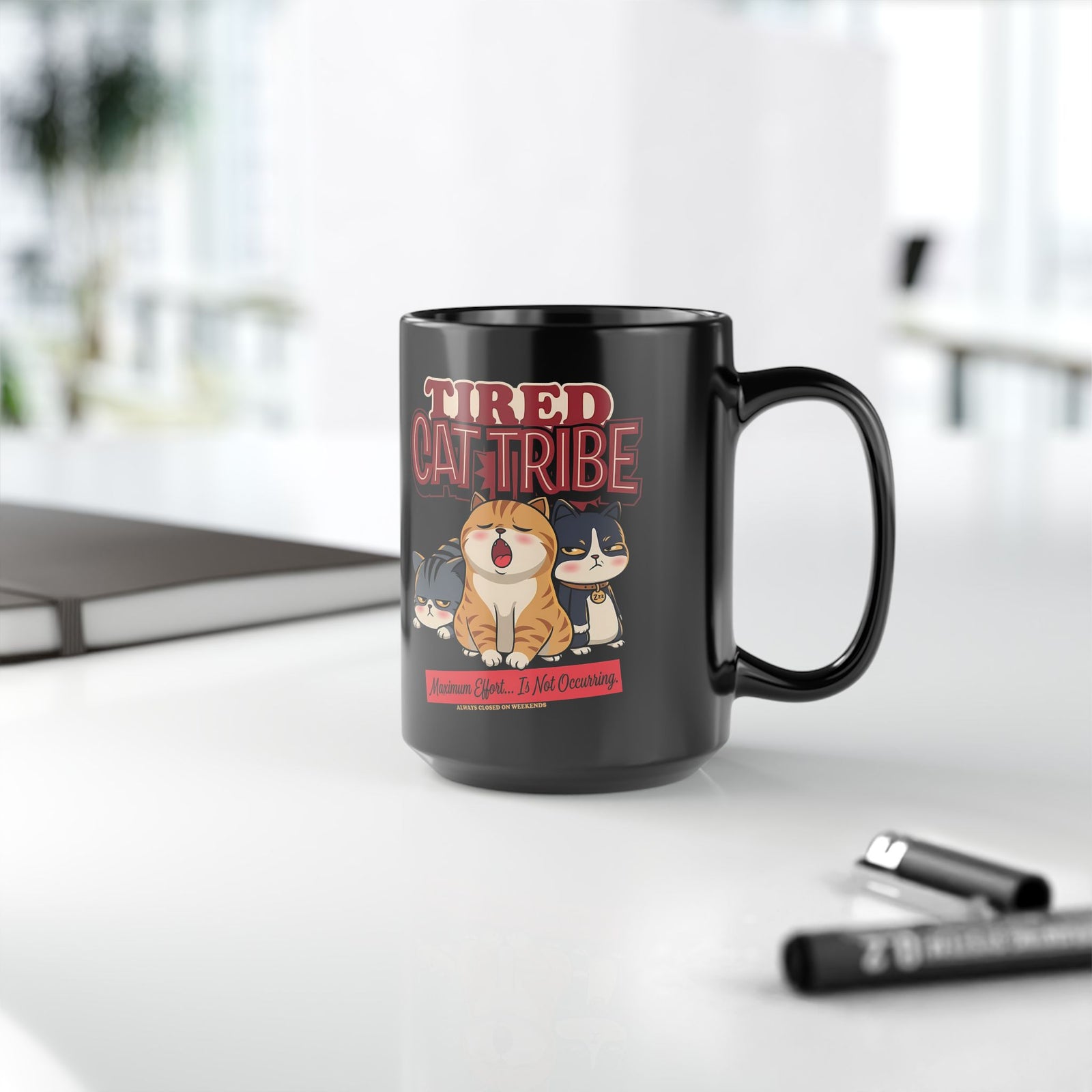Tired Cat Tribe Black Mug