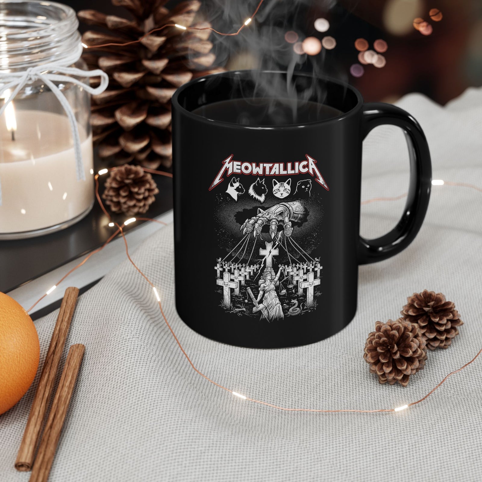 Meowtallica Graphic Mug — Metal Cat Band Black Mug