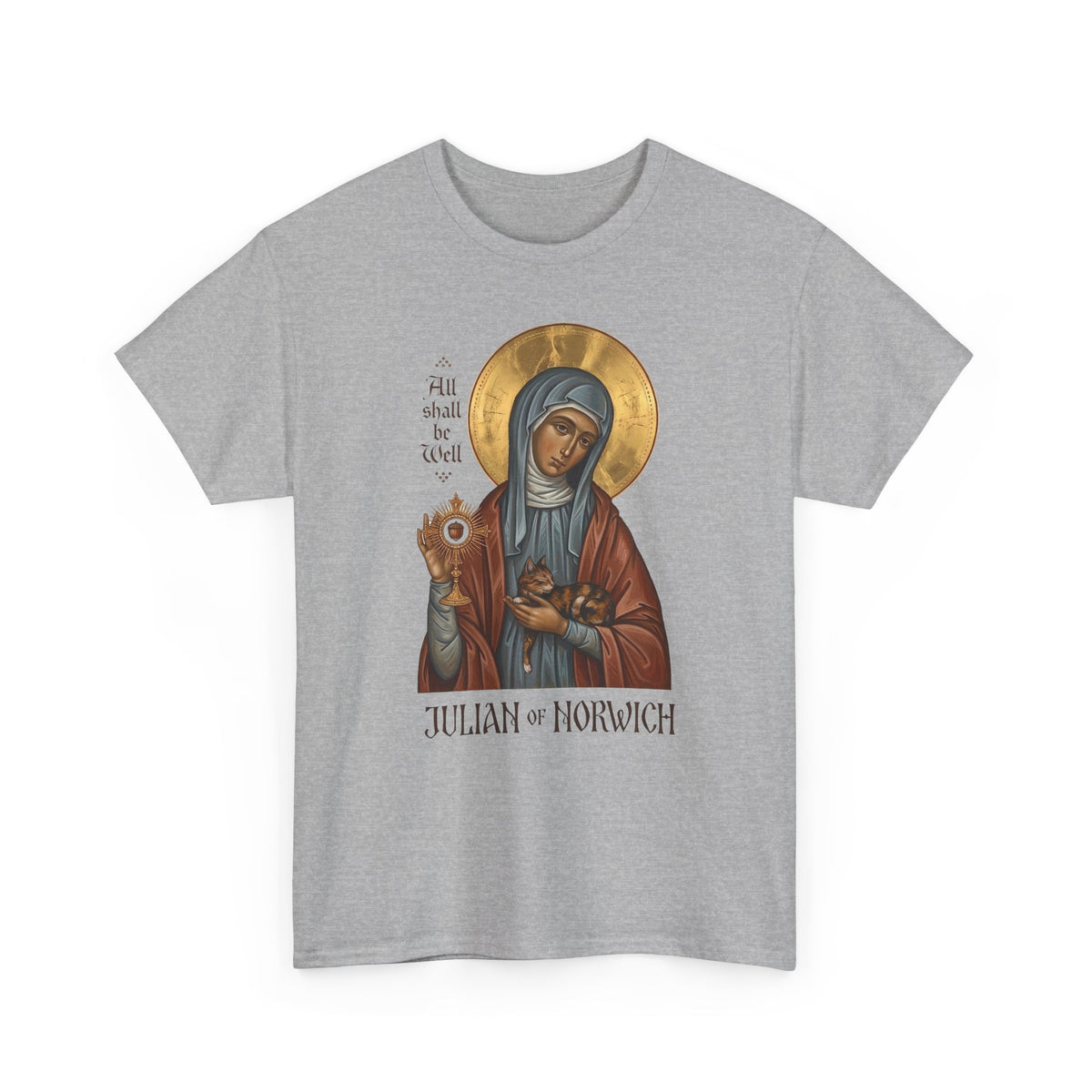 Julian of Norwich & Cat T-Shirt — Spiritual Saint Tee for Cat Lovers