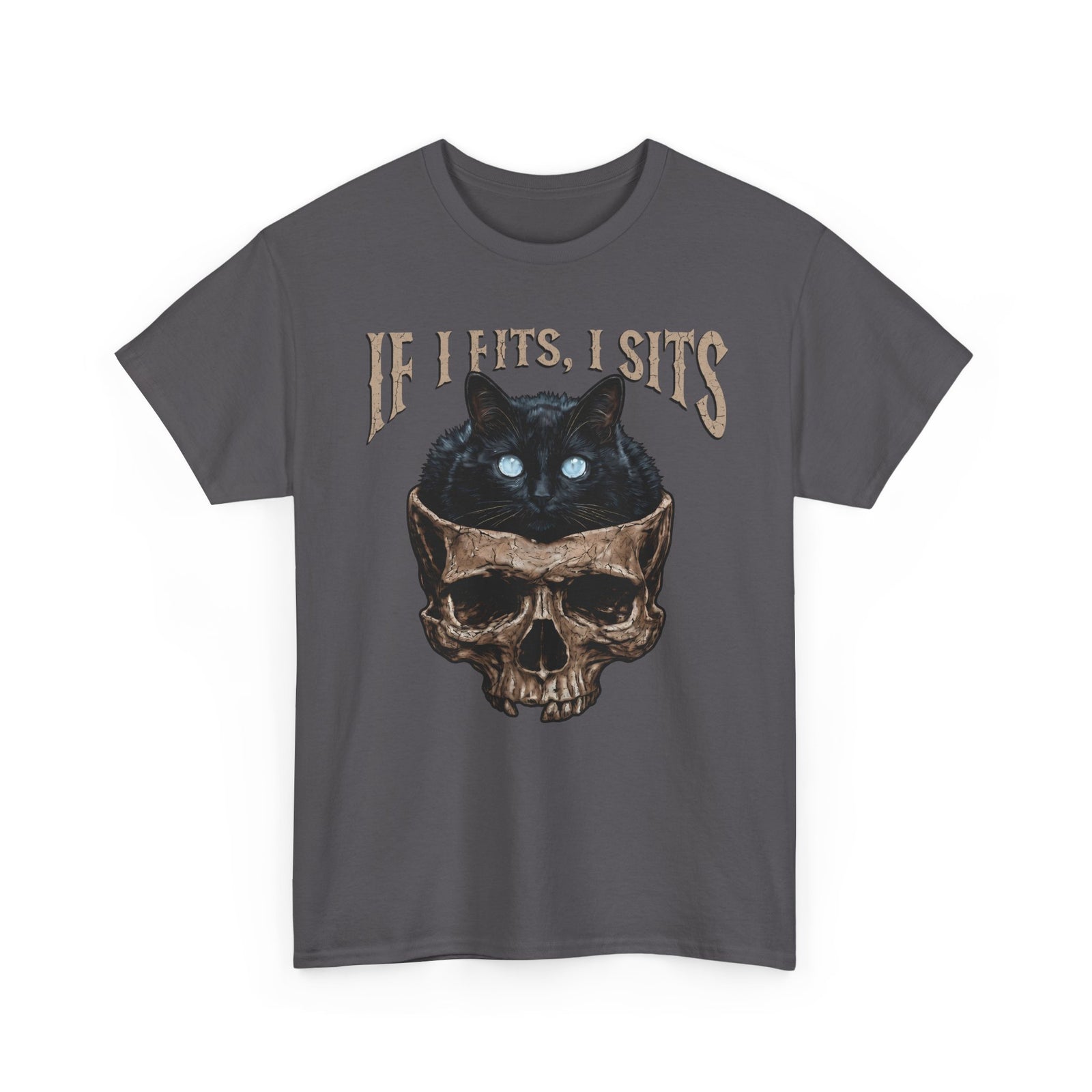 If I Fits I Sits Cat T-Shirt — Funny Gothic Black Cat Skull Graphic